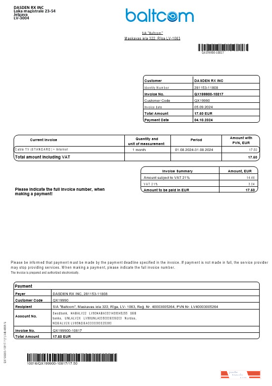 Latvia Baltcom telecommunications business utility bill template in Word and PDF formats (English version)